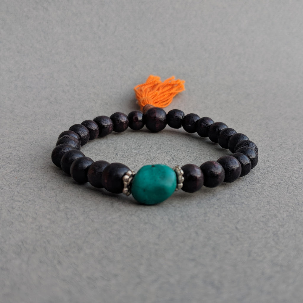 Dark Brown Rosewood Mala Bracelet with Turquoise