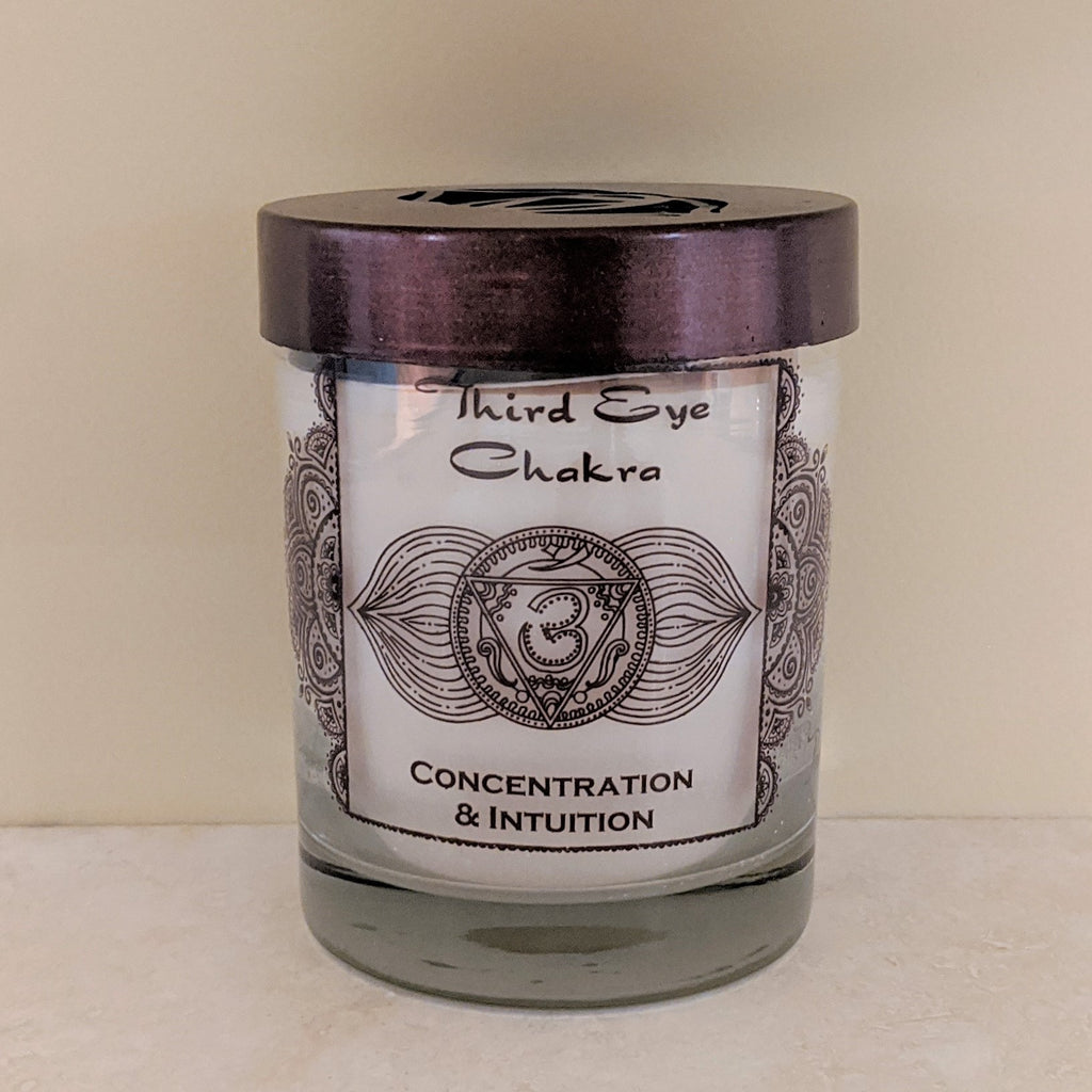 Soy Candle for Chakra Meditation Scented with Essential Oils | Third Eye Chakra Ajna | Indian Jasmine | Concentration and Intuition - 10.5oz