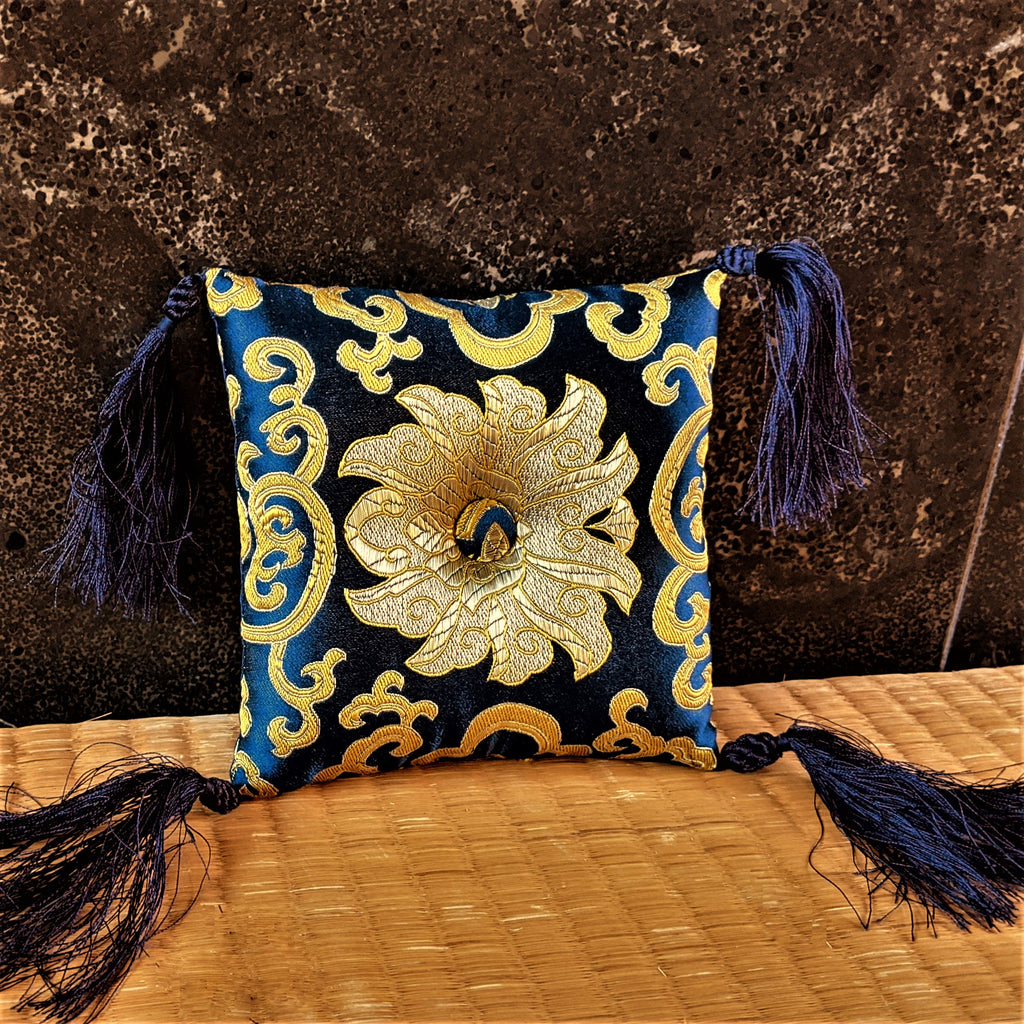 Blue Brocade Singing Bowl Pillow Cushion - Everyday Zen Gifts