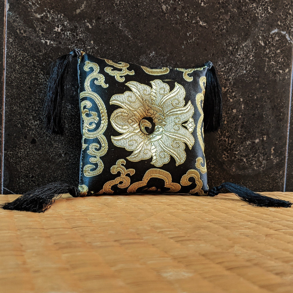 Black Brocade Singing Bowl Pillow Cushion - Everyday Zen Gifts